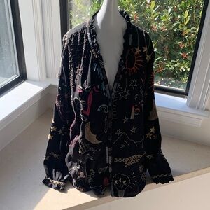 Johnny Was Black Top with Multicolor Stitching